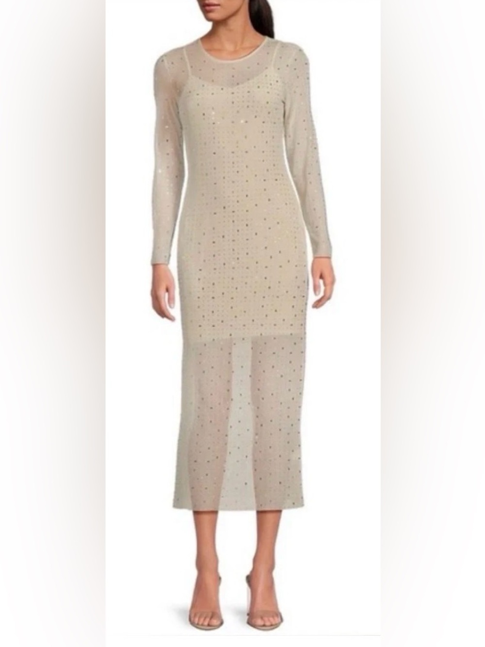 🆕 Gianni Bini | Tilly Rhinestone Mesh Crew Neck Long Sleeve Midi Dress